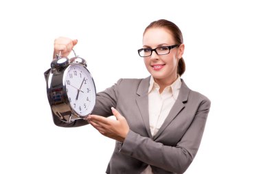 İle dev çalar saat üzerinde beyaz izole işkadını