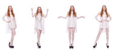 Beyaz tenli, açık renkli, büyüleyici elbiseli güzel bayan.