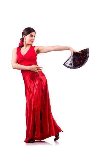 Mulher dançando dança espanhola tradicional isolado no branco — Fotografia de Stock