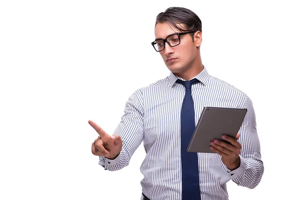 Empresario usando su tableta aislada en blanco — Foto de Stock