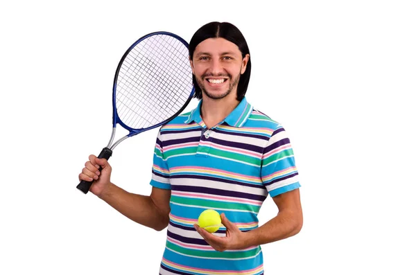 Uomo che gioca a tennis isolato su bianco — Foto Stock