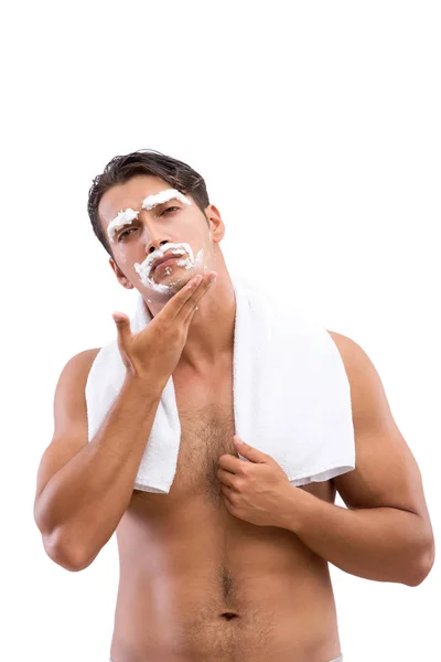 Handsome man shaving isolated on white background — Stock Photo, Image