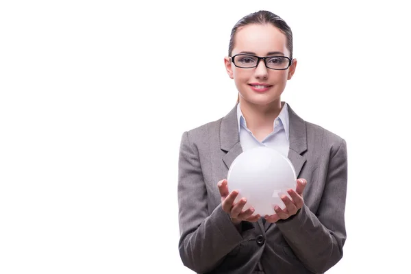 Жінка тримає кристалічний м'яч ізольовано на білому — стокове фото