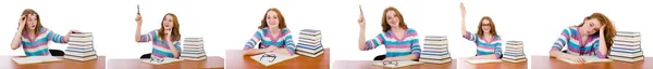 Młody student z książkami odizolowanymi na białym — Zdjęcie stockowe