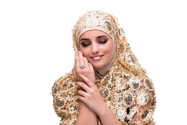 Donna musulmana nel concetto di moda isolato su bianco — Foto Stock