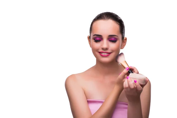 Mujer consiguiendo maquillaje aislado en blanco — Foto de Stock