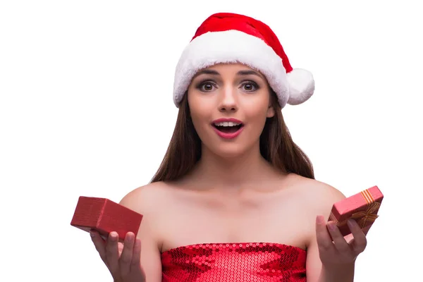 Santa menina com caixa de presente isolado no branco — Fotografia de Stock