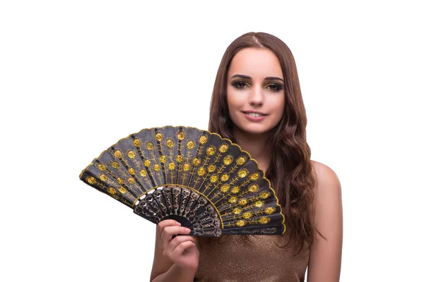 Femme avec ventilateur isolé sur blanc — Photo