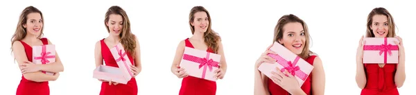 Hübsches Mädchen hält Geschenkbox isoliert auf weiß — Stockfoto