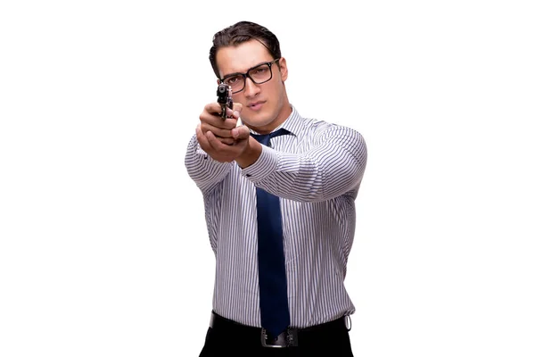 Giovane uomo d'affari con pistola isolata su bianco — Foto Stock