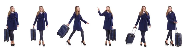 Młoda bizneswoman z walizką na białym tle — Zdjęcie stockowe