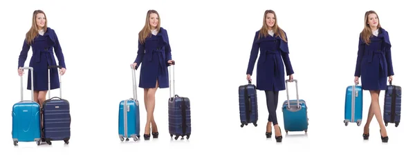 Jonge zakenvrouw met koffer geïsoleerd op wit — Stockfoto