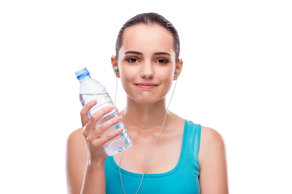 Vrouw sport met fles vers water doen — Stockfoto