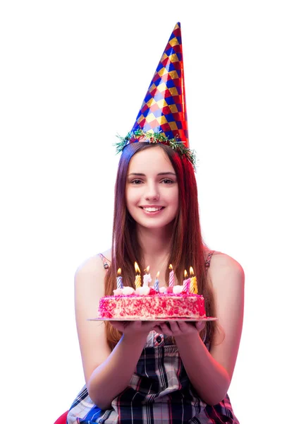 Ung kvinna tjej med tårta isolerad på vit — Stockfoto