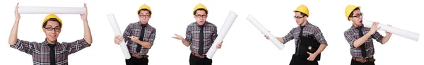 Funny man with blueprints on white — Stock Photo, Image
