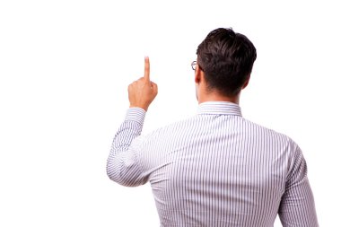 Genç yakışıklı işadamı beyaz izole düğmelere basarak