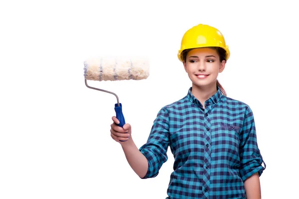 Mujer joven en concepto industrial aislada en blanco — Foto de Stock