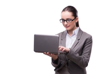 Dizüstü bilgisayarı olan iş kadını beyaza izole edildi