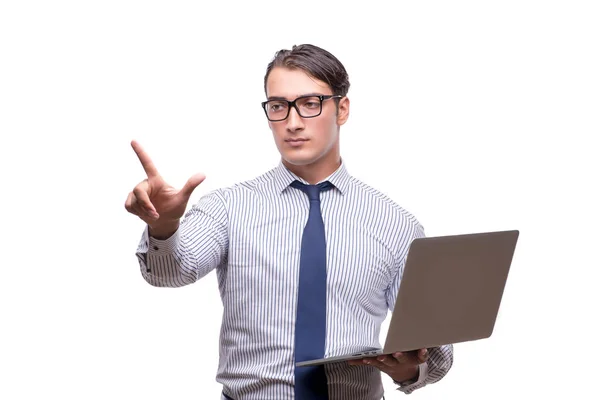 Hombre de negocios guapo trabajando con ordenador portátil aislado en wh — Foto de Stock