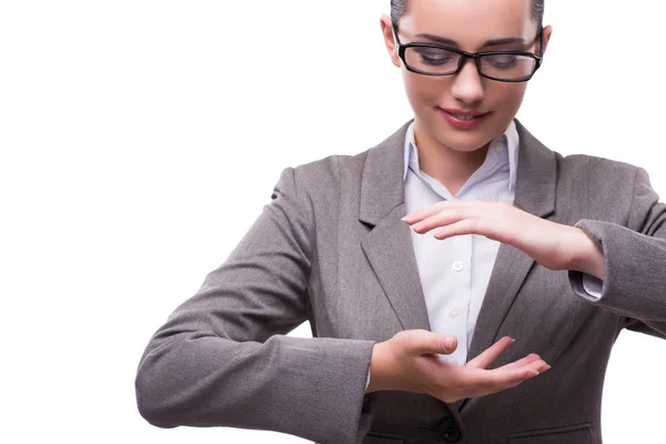 Бізнес-леді тримає руки ізольовані на білому — стокове фото