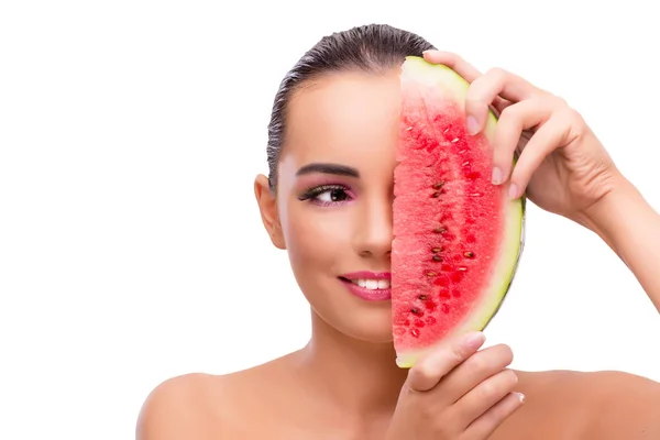 Hermosa mujer con sandía aislada en blanco — Foto de Stock