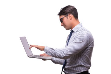 Dizüstü bilgisayarı olan adam beyazda izole edildi