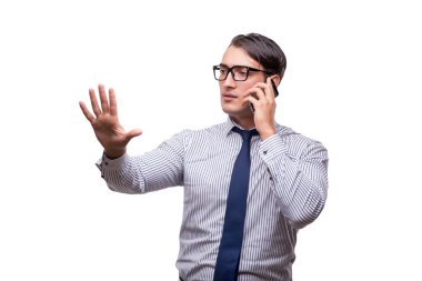 Yakışıklı işadamı cep telefonu üzerinde beyaz izole ile çalışma