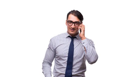 Adam beyaz izole hareket eden smartphone ile