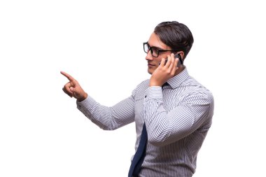 Adam beyaz izole hareket eden smartphone ile