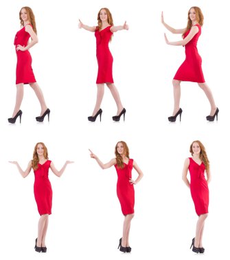 Kırmızı elbiseli güzel bir kız, beyaz tenli.