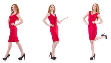 Kırmızı elbiseli güzel bir kız, beyaz tenli.