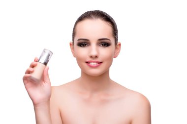 Bir şişe krem beyaz izole kadın