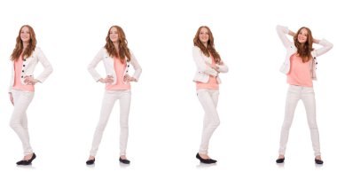 Beyaz arka planda izole edilmiş genç bir kadın