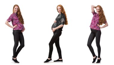 Karmaşık görüntülü hamile kadın beyazda izole edilmiş.