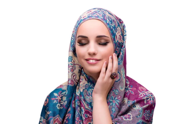 Mulher muçulmana no conceito de moda isolado no branco — Fotografia de Stock