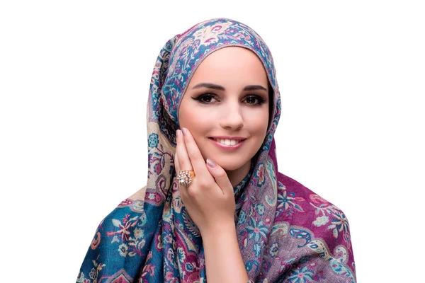 Μουσουλμανική γυναίκα στην έννοια της μόδας που απομονώνονται σε λευκό — Φωτογραφία Αρχείου