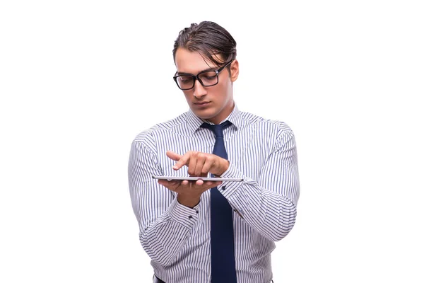 Uomo d'affari utilizzando il suo computer tablet isolato su bianco — Foto Stock