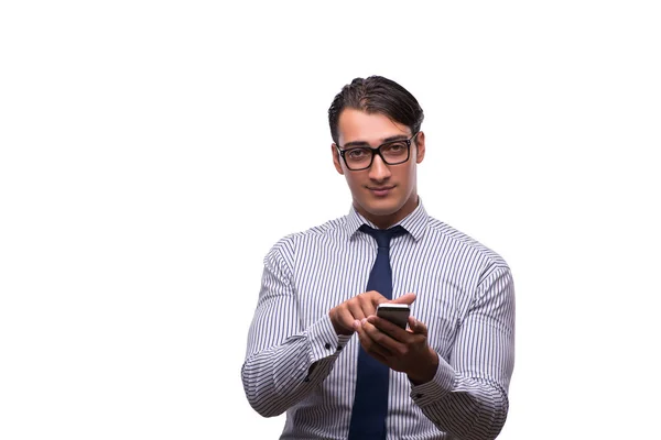 Человек с мобильным смартфоном изолирован на белом — стоковое фото