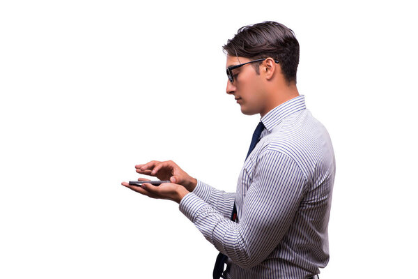 Человек с мобильным смартфоном изолирован на белом
