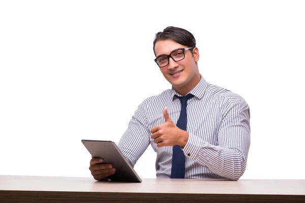 Άνθρωπος με υπολογιστή tablet που απομονώνονται σε λευκό — Φωτογραφία Αρχείου