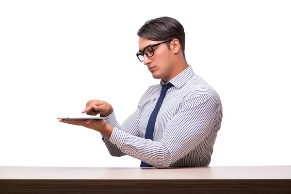 Tablet bilgisayarıyla beyaz izole iş adamı — Stok fotoğraf