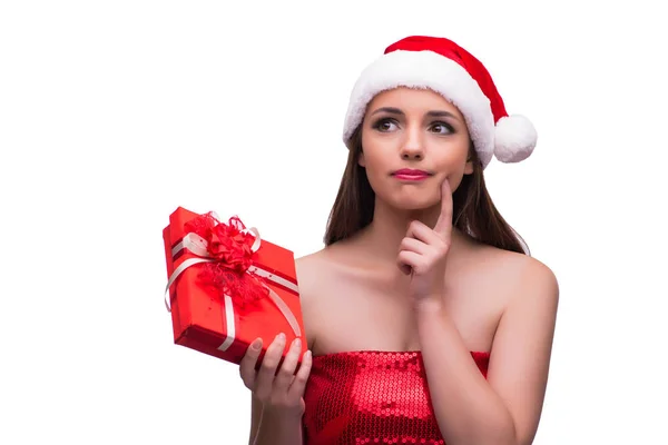 Santa flicka med giftbox isolerade på vit — Stockfoto