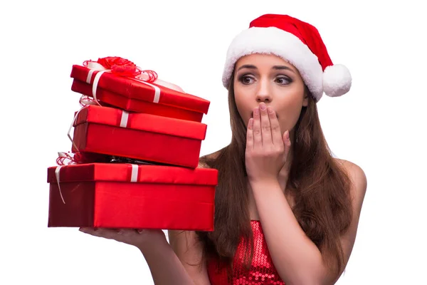 Santa girl with giftbox isolated on white — Stock Photo, Image