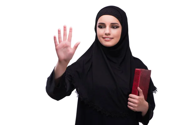 Μουσουλμανική γυναίκα στο μαύρο φόρεμα που απομονώνονται σε λευκό — Φωτογραφία Αρχείου