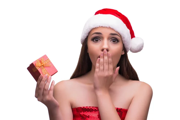 Santa girl with giftbox isolated on white — Stock Photo, Image