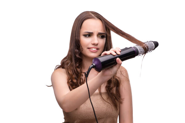 Young beautiful woman with hair dryer isolated on white