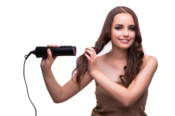 Jeune belle femme avec sèche-cheveux isolé sur blanc — Photo