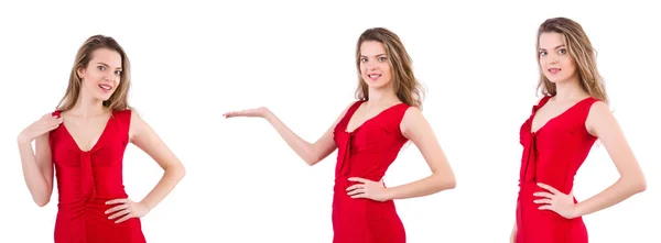 Młoda kobieta w czerwonej sukience odizolowana na białym — Zdjęcie stockowe