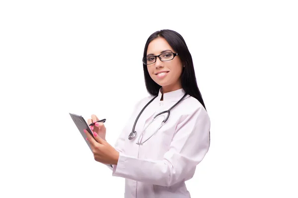 Mladá žena lékař v lékařském pojetí izolované na bílém — Stock fotografie