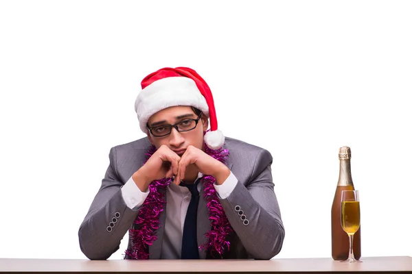 Młody biznesmen obchodzi Boże Narodzenie w biurze — Zdjęcie stockowe